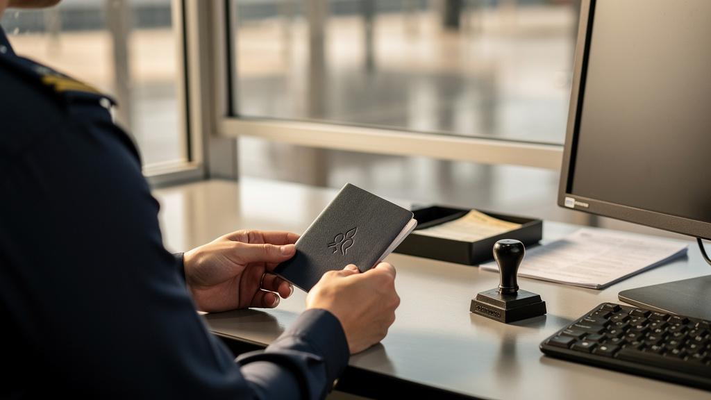 Agent des frontières contrôlant un passeport à un poste de douane