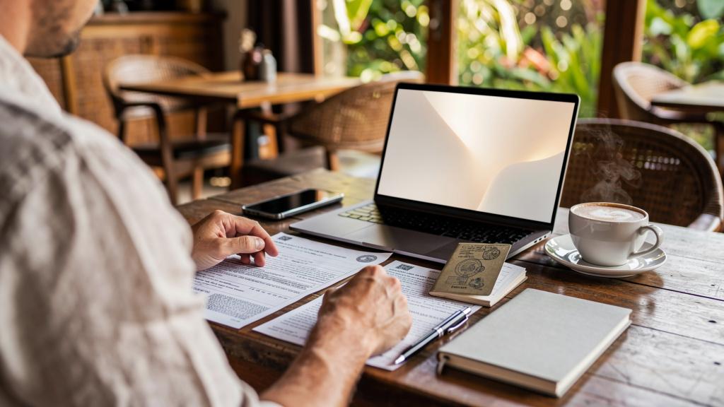Expatrié français consultant ses documents de visa dans un café à Ubud, Bali