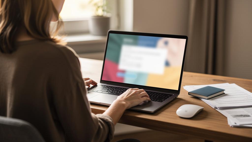 Femme remplissant un formulaire de visa en ligne sur ordinateur portable