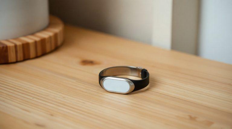 Bracelet électronique RFID posé sur une surface en bois