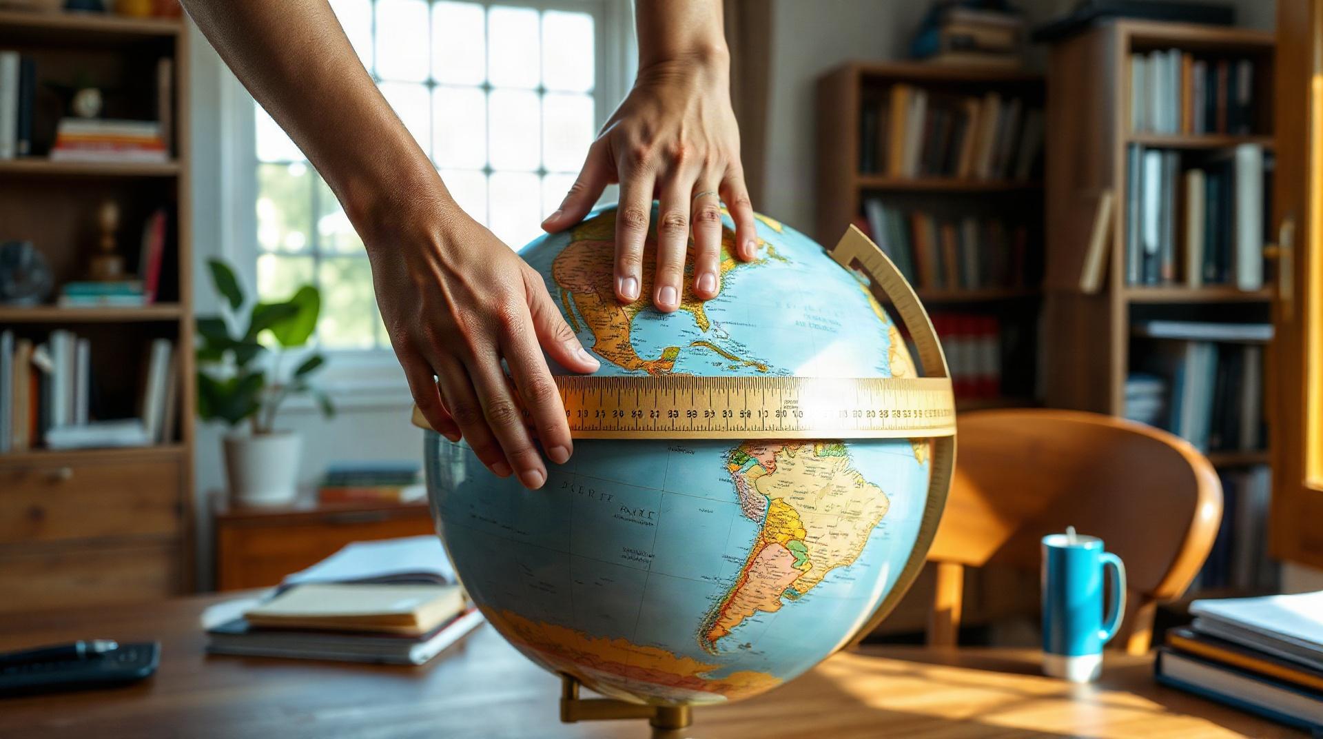 Chercheur consultant une carte du monde pour mesurer les distances
