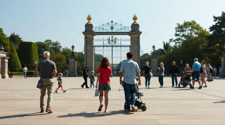 Familles faisant la queue devant l'entrée d'un grand parc d'attractions en plein été