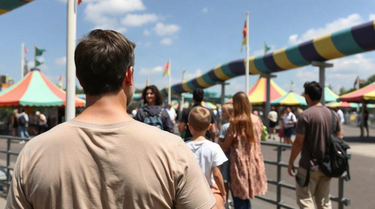 Familles faisant la queue devant une attraction d'un grand parc d'attractions en été