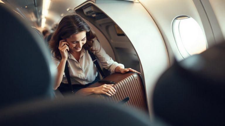 Passagère glissant sa valise cabine dans le compartiment à bagages d'un avion
