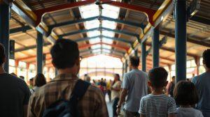 Visiteurs en file d'attente devant une grande attraction à Disneyland Paris