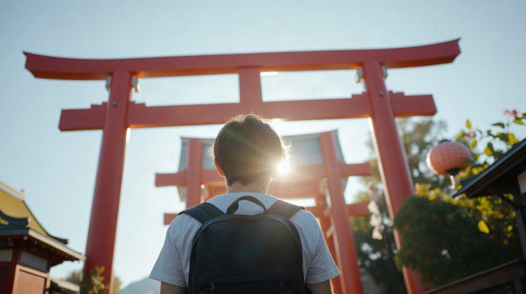 Voyageur avec sac à dos devant un grand torii rouge à l entrée d un sanctuaire japonais, ciel bleu, lumière du matin