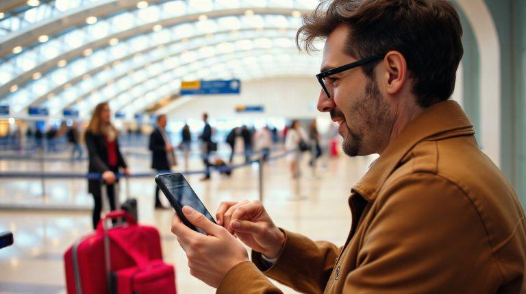Voyageur consultant son billet d'avion sur smartphone à l'aéroport