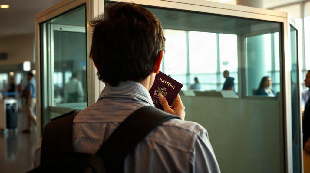 Voyageur présentant son passeport à un agent de contrôle aux frontières d'un aéroport indien