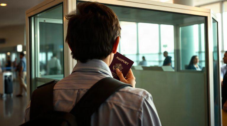Voyageur présentant son passeport à un agent de contrôle aux frontières d'un aéroport indien