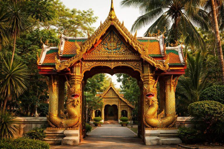 Femme en tenue légère devant un temple bouddhiste en Thaïlande