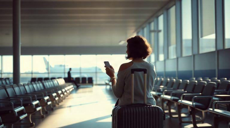 Passagère consultant son téléphone dans une salle d'embarquement