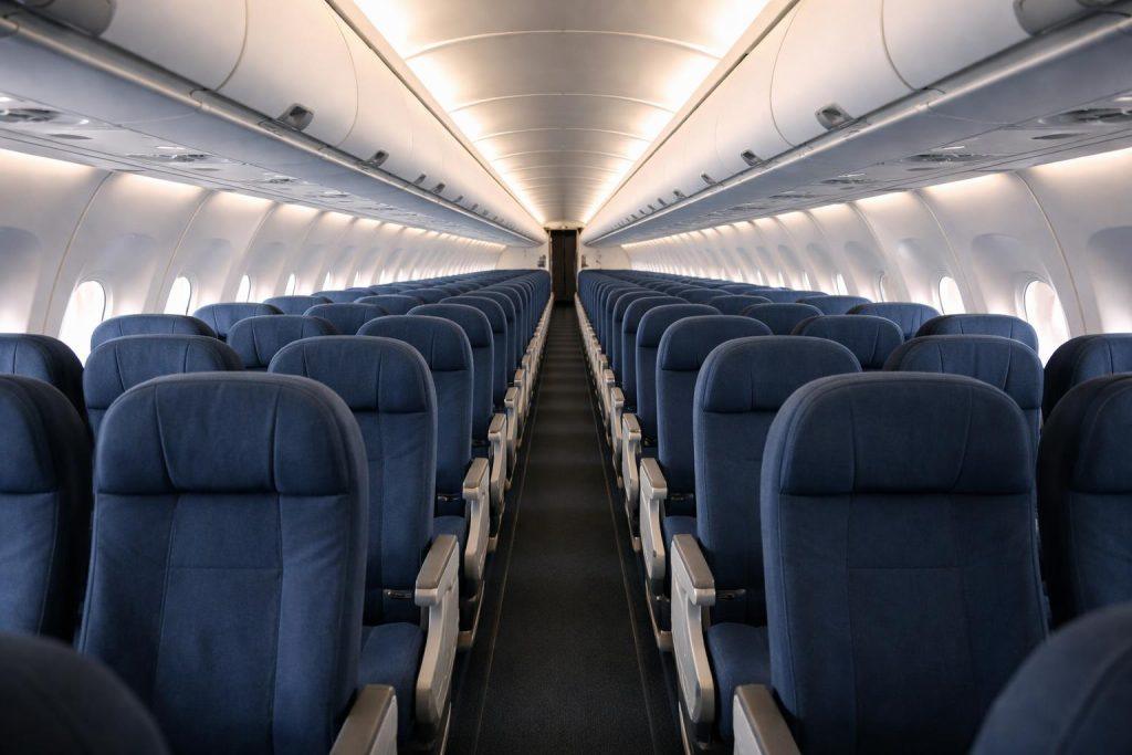 Rangées de sièges en classe économique dans un Boeing 777