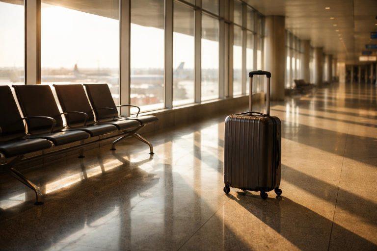 Un passager avec une valise devant un tableau des départs