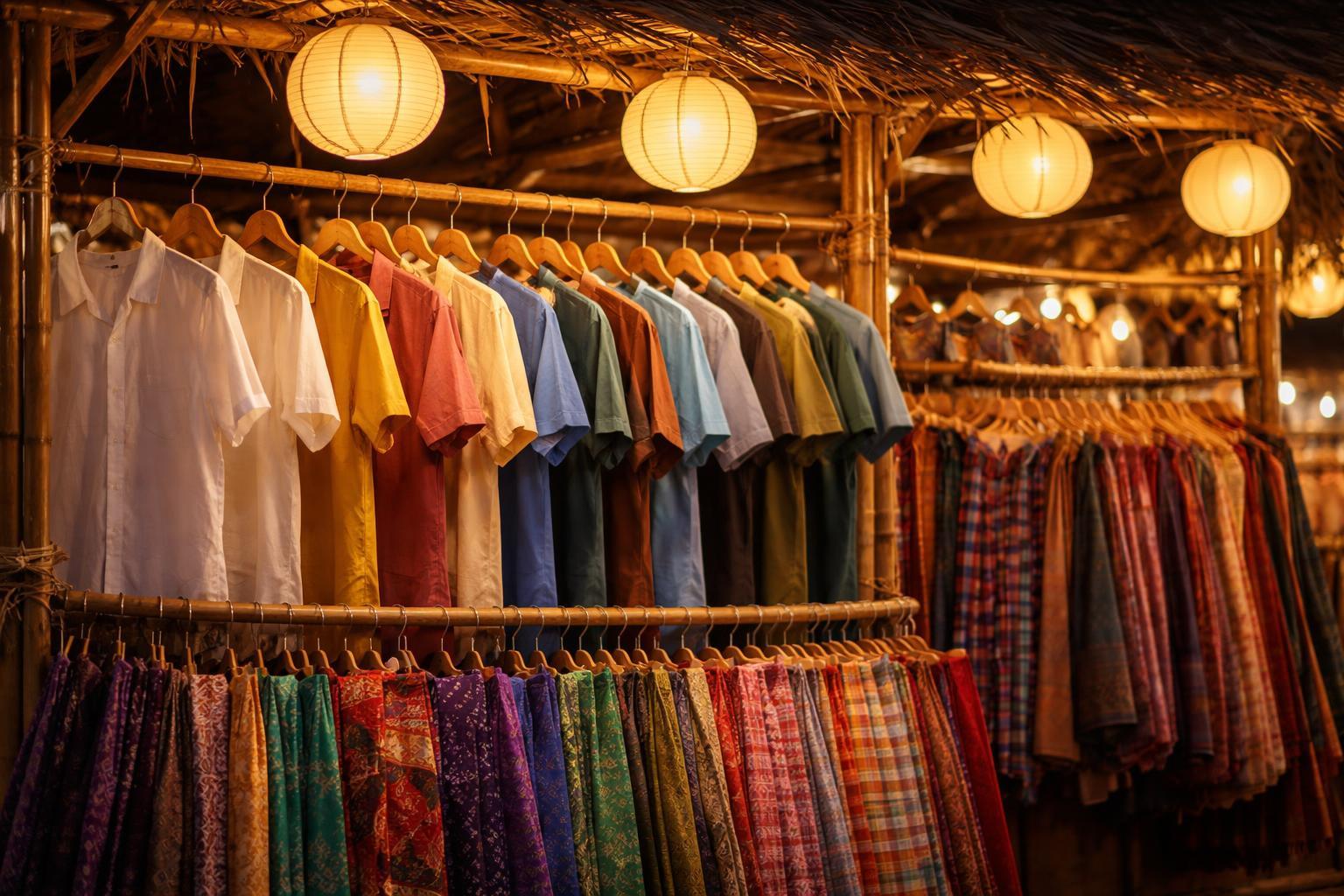 Vêtements légers en coton exposés sur un marché de nuit thaïlandais