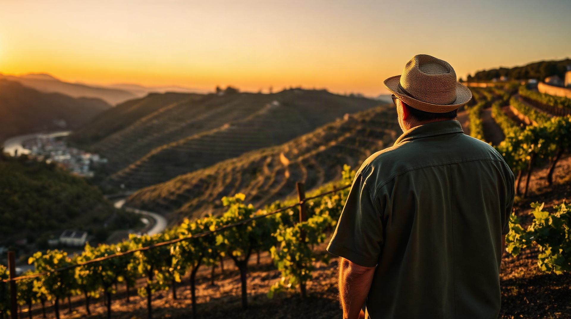 Vignobles en terrasses au coucher du soleil dans la vallée du Douro au Portugal